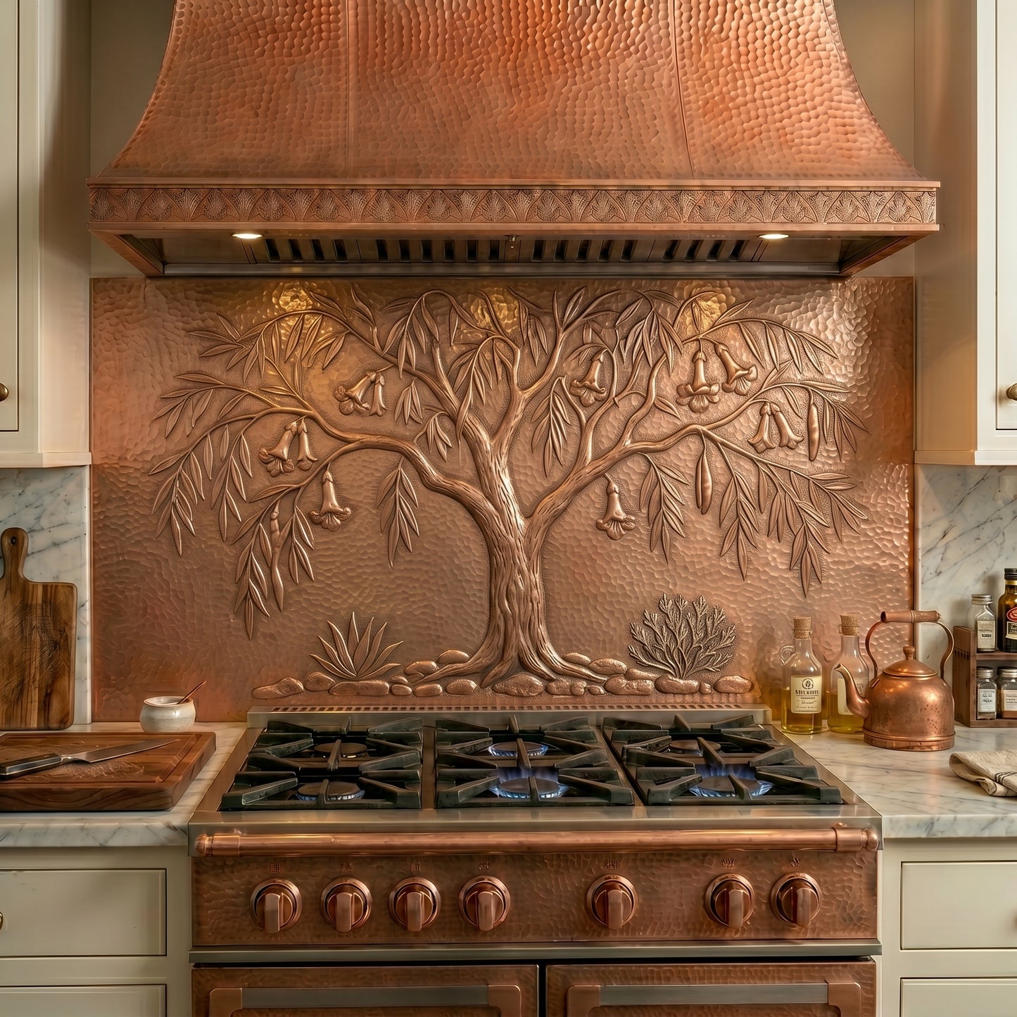 Handmade Desert Willow Tree copper kitchen backsplash featuring graceful branches, trumpet flowers, and Southwestern charm. Crafted from real copper with custom sizes available for desert, ranch, rustic, and nature-inspired kitchens.