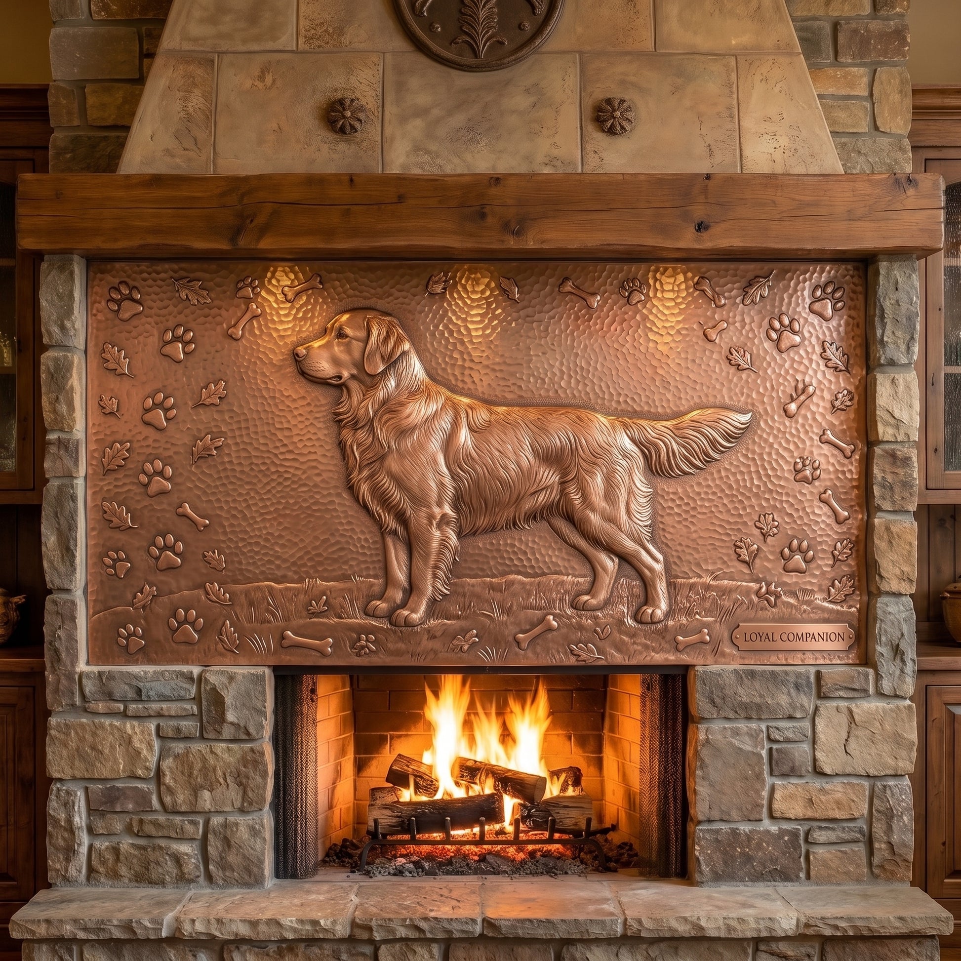 Hand-hammered dog portrait wall art made from real copper, shown above a stone fireplace and featuring a Golden Retriever in raised copper relief surrounded by paw prints, bones, oak leaves, grass, and a Loyal Companion plaque on a textured copper background.