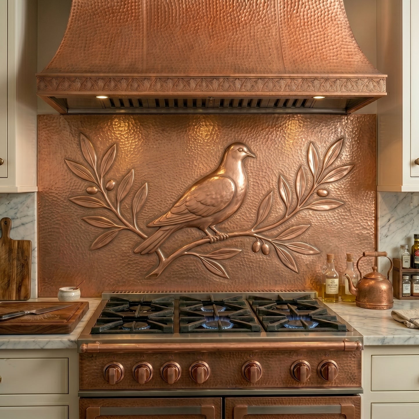 Handmade dove copper kitchen backsplash for behind the stove. Custom bird wall decor inspired by peace, home, and timeless natural beauty.