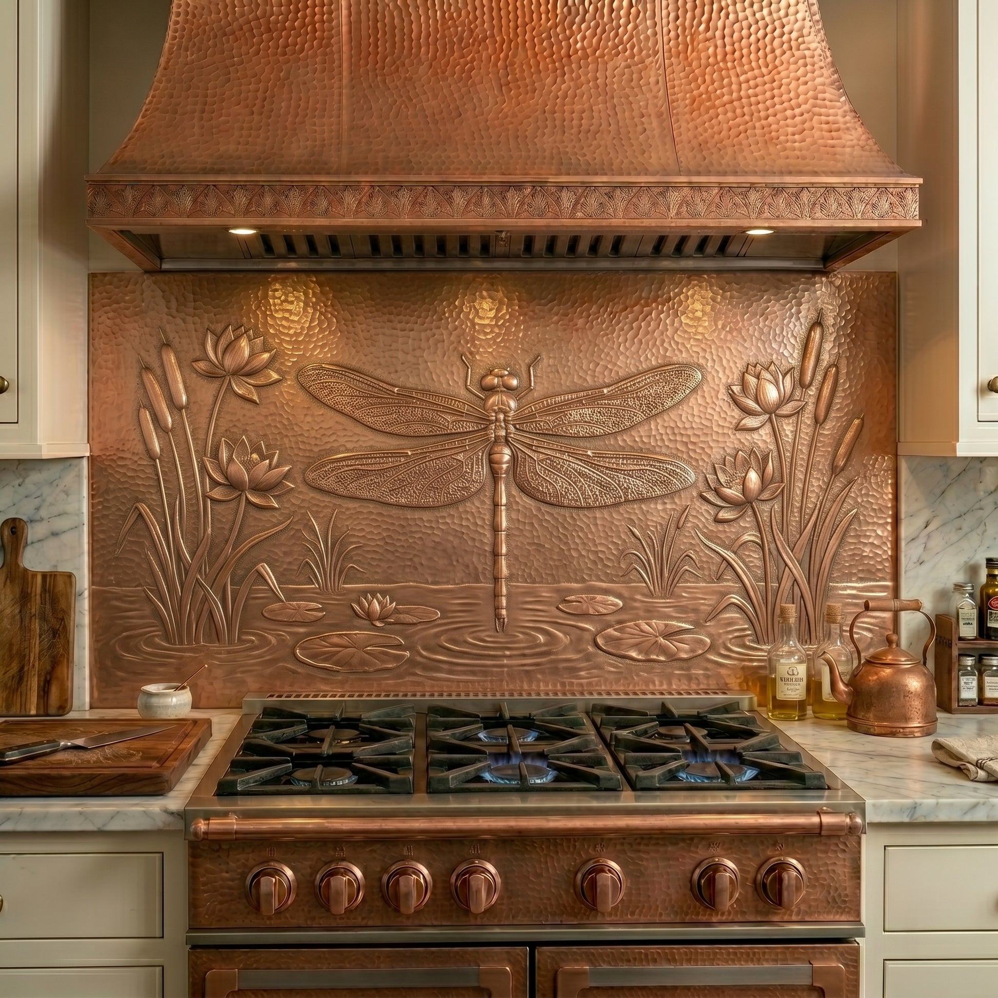 Handmade dragonfly copper kitchen backsplash for behind the stove. Custom nature-inspired wall decor for lake houses, cottage kitchens, garden homes, and dragonfly lovers.