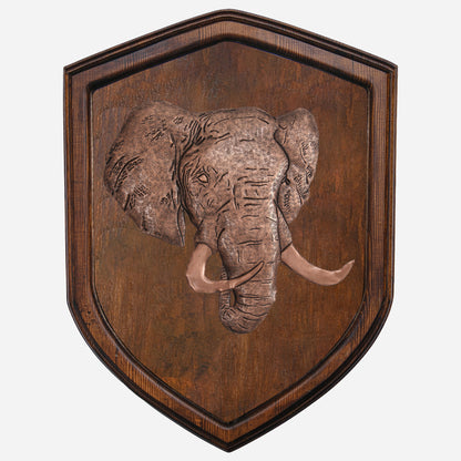 Copper Elephant Head on Wood Plaque