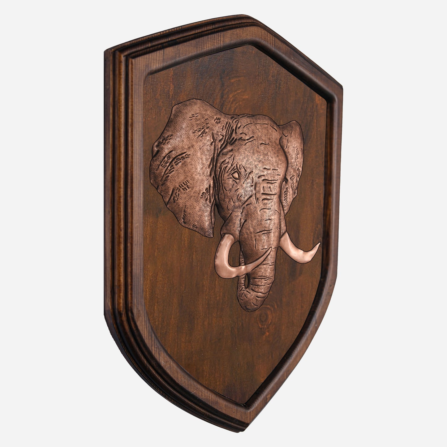 Copper Elephant Head on Wood Plaque