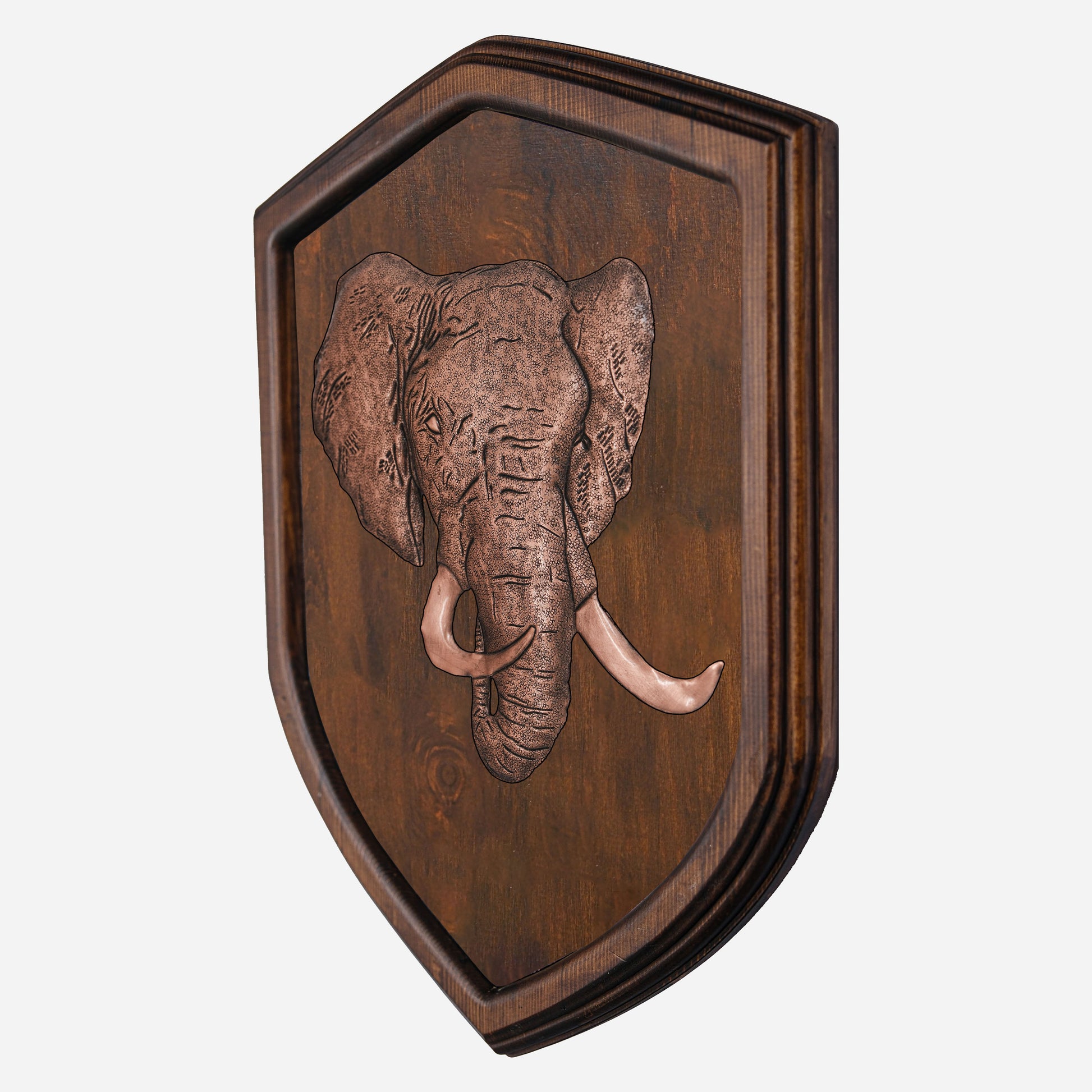 Copper Elephant Head on Wood Plaque