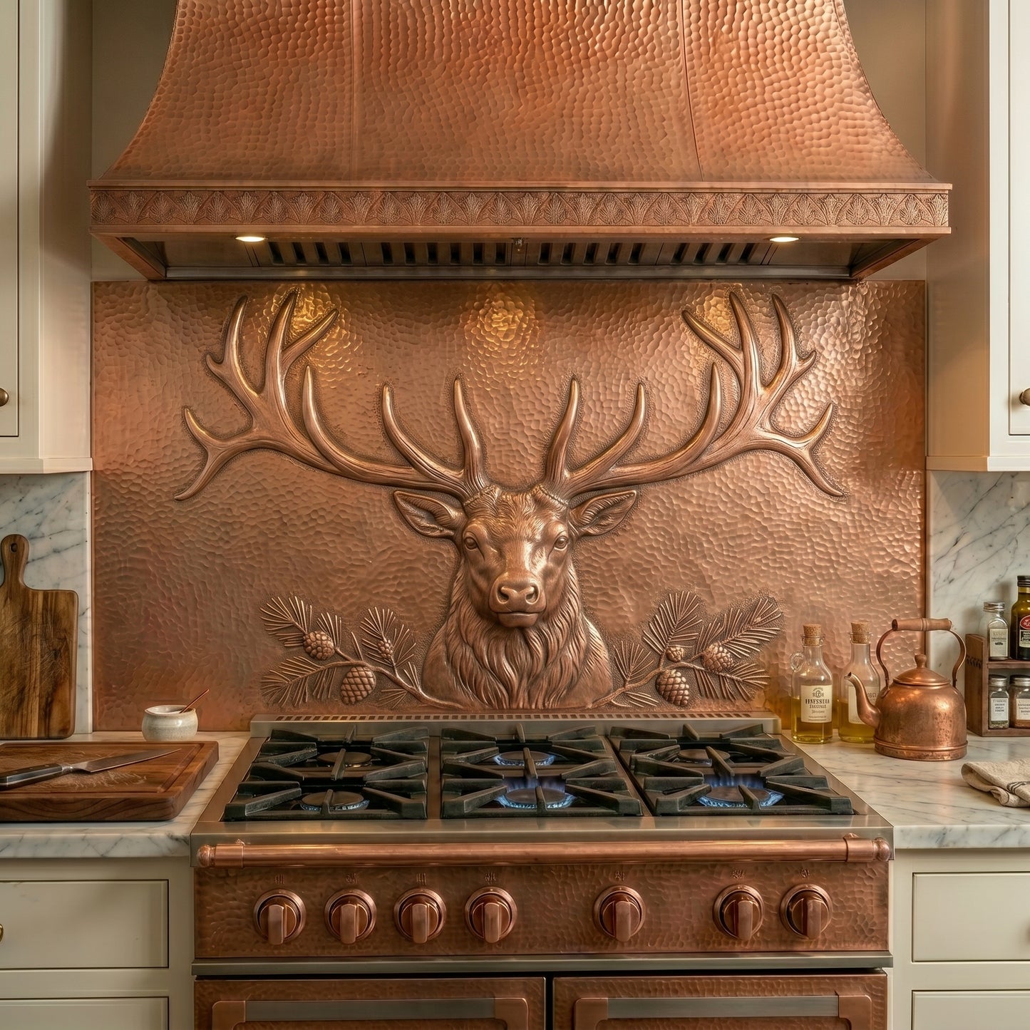 Handmade elk head copper kitchen backsplash behind the stove. Custom wildlife wall decor for cabin kitchens, lodge homes, mountain retreats, and elk enthusiasts.