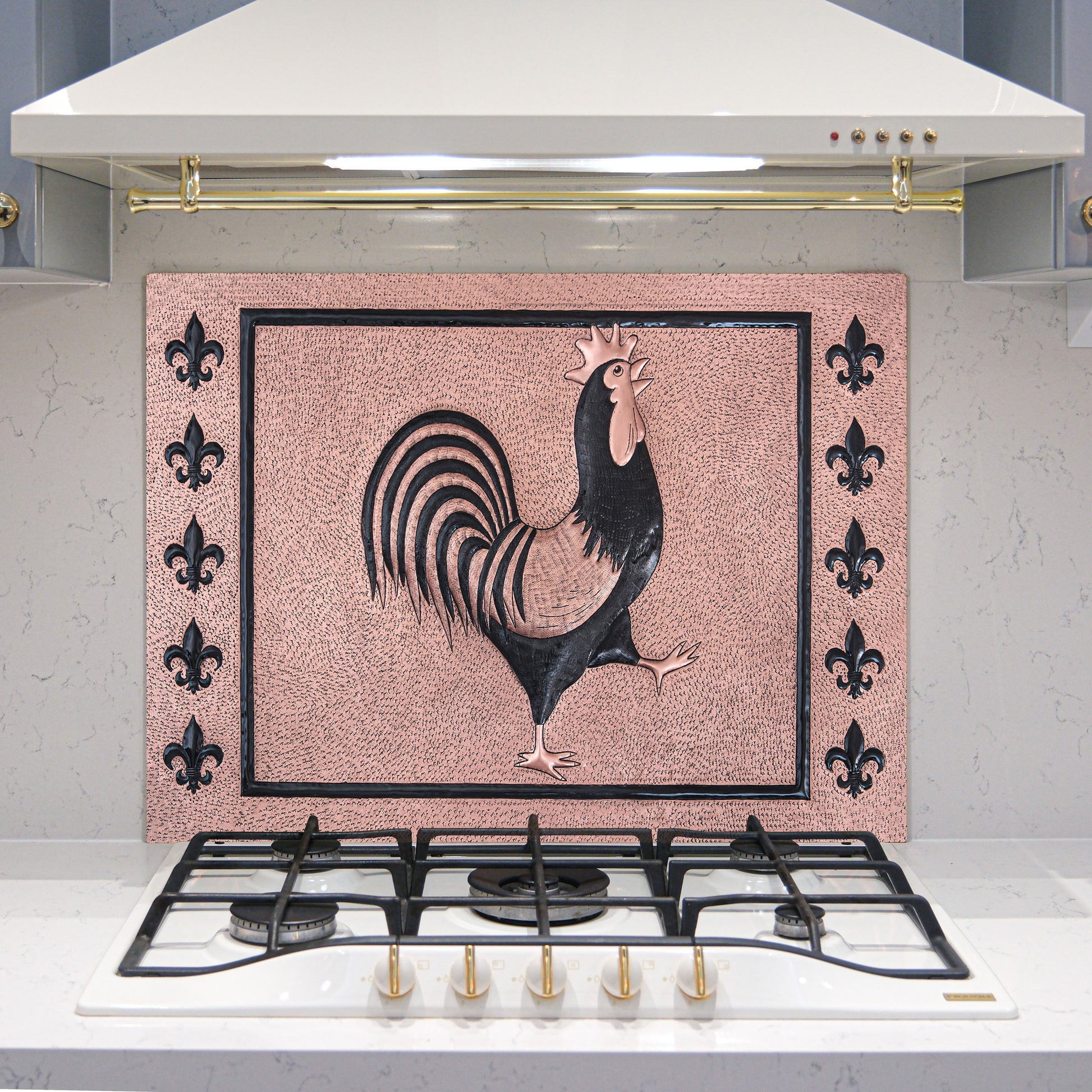 European Kitchen Backsplash Tile - Copper Rooster & Fleur De Lys - Copper & Black - Natuross