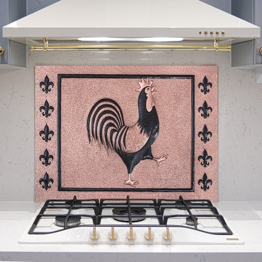 European Kitchen Backsplash Tile - Copper Rooster & Fleur De Lys - Copper & Black - Natuross