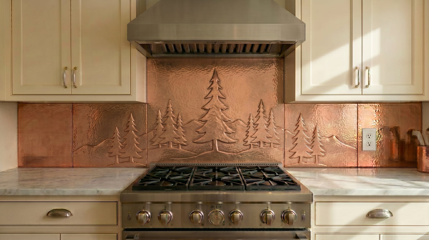 Handcrafted copper stove backsplash featuring evergreen pine trees, rolling hills, and mountain scenery. Real copper kitchen backsplash designed for ranges and cooktops. Custom sizes and finishes available for single panels or complete backsplash installations.