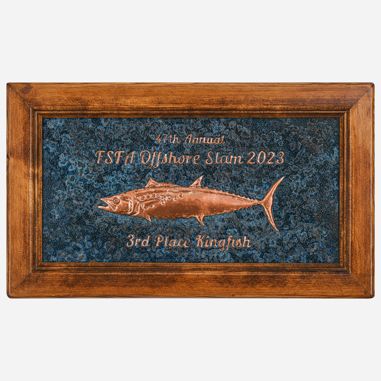 King Mackerel Fish Trophy Framed Copper Artwork (Personalized, Kingfish, Blue Patina)