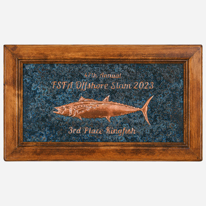 King Mackerel Fish Trophy Framed Copper Artwork (Personalized, Kingfish, Blue Patina)