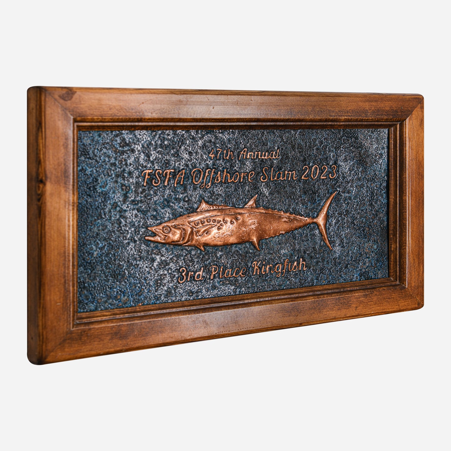 King Mackerel Fish Trophy Framed Copper Artwork (Personalized, Kingfish, Blue Patina)