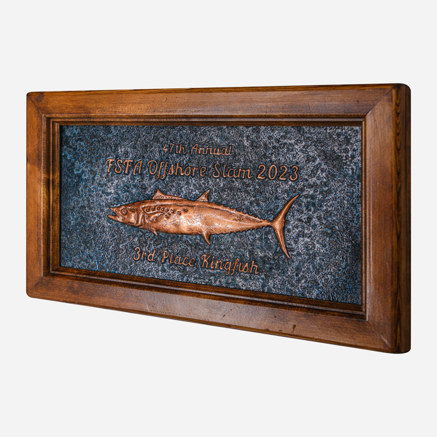 King Mackerel Fish Trophy Framed Copper Artwork (Personalized, Kingfish, Blue Patina)