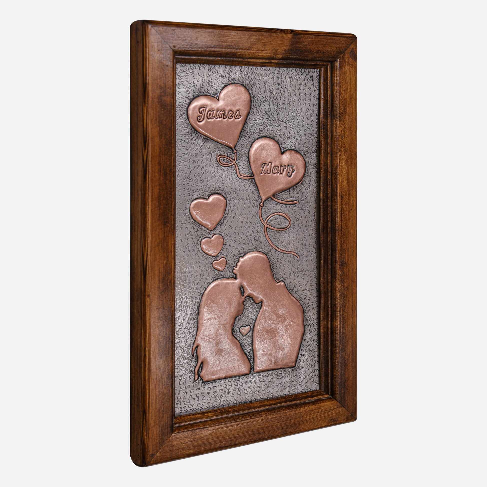 Valentine's Day Gift Framed Copper Artwork (Personalized, Hearts and Couple Silhouette, Silver&Copper Color)