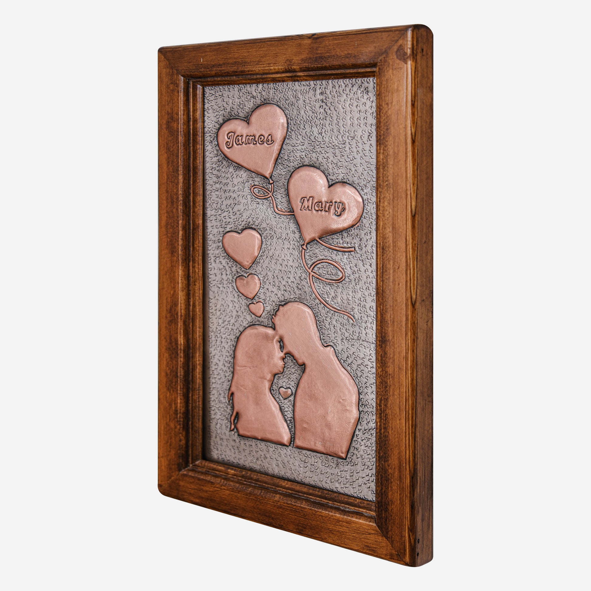 Valentine's Day Gift Framed Copper Artwork (Personalized, Hearts and Couple Silhouette, Silver&Copper Color)