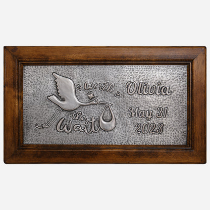 Worth the Wait Stork Bird Carrying a Baby Personalized Gift Framed Copper Artwork (Silver Color)