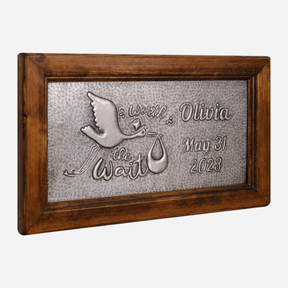 Worth the Wait Stork Bird Carrying a Baby Personalized Gift Framed Copper Artwork (Silver Color)