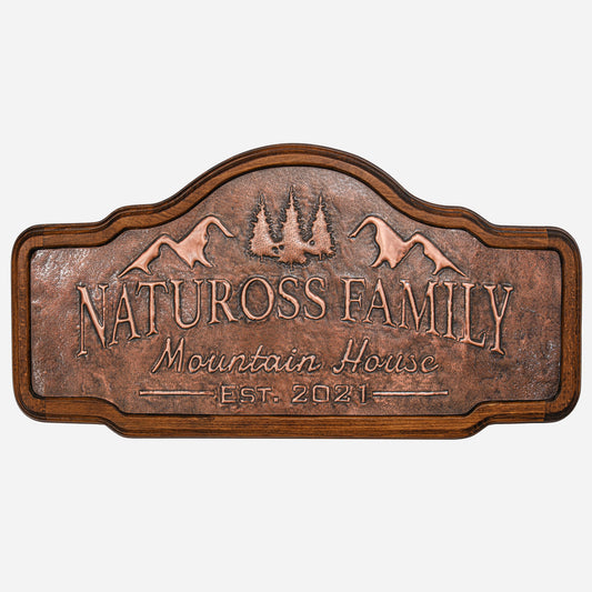 Copper House Sign (Mountains and Pine Trees, Personalized with Family Name)