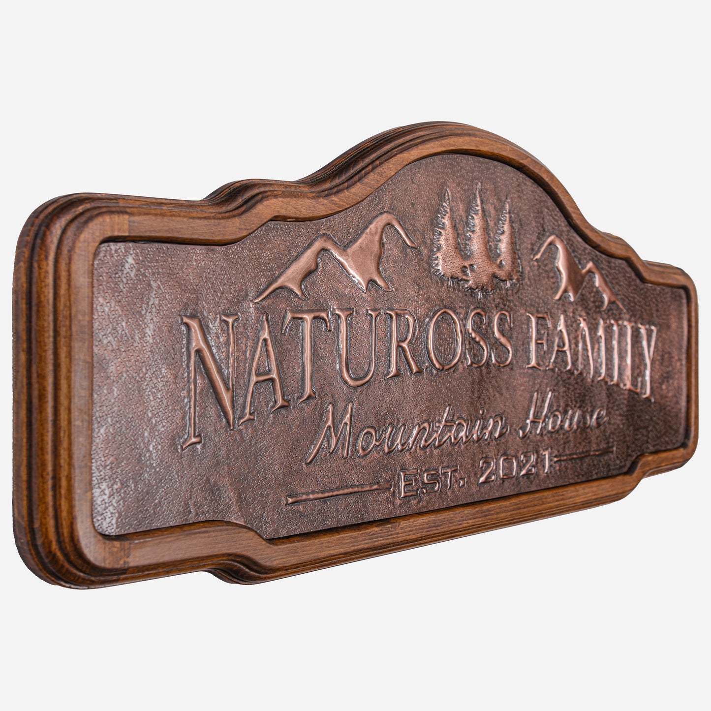 Copper House Sign (Mountains and Pine Trees, Personalized with Family Name)