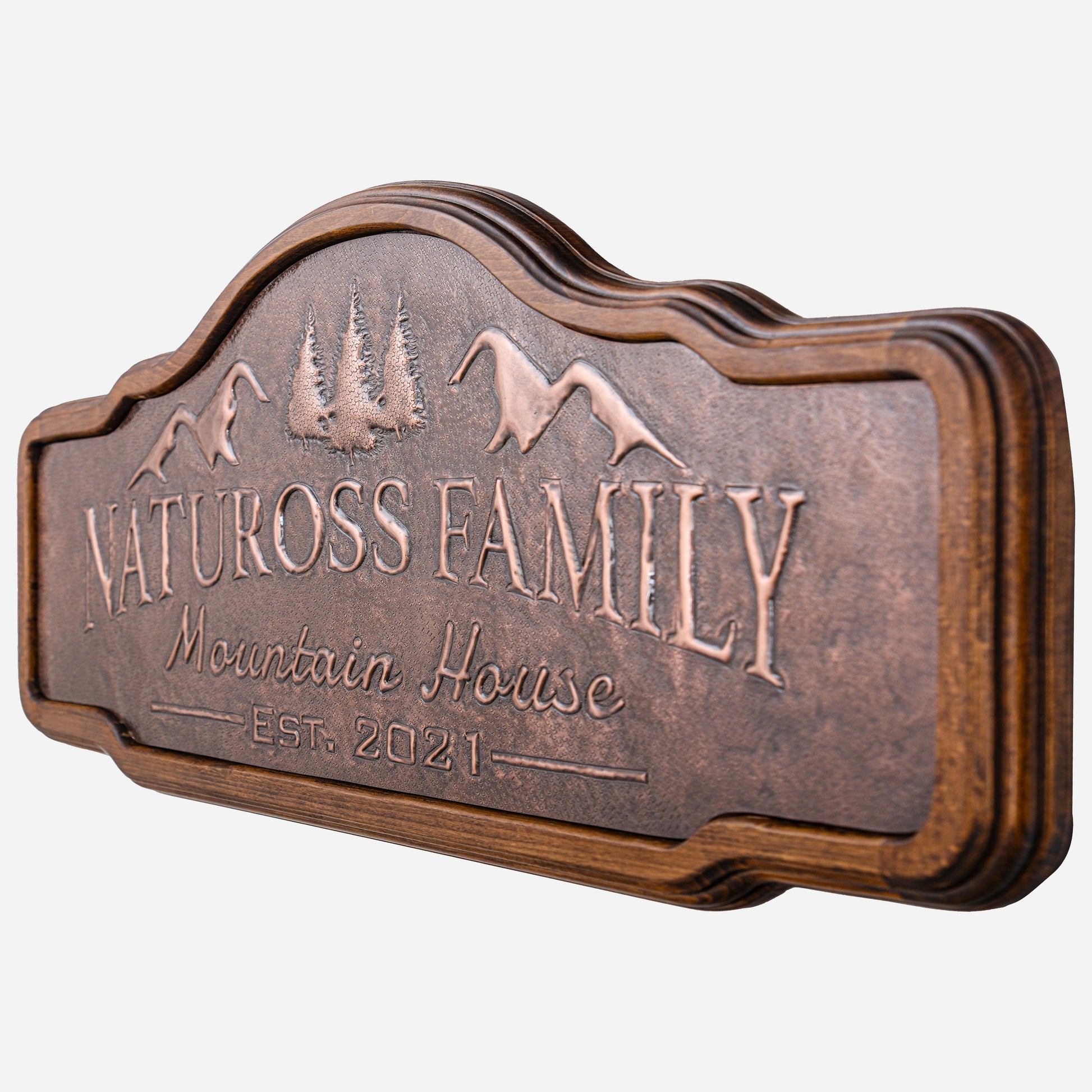 Copper House Sign (Mountains and Pine Trees, Personalized with Family Name)