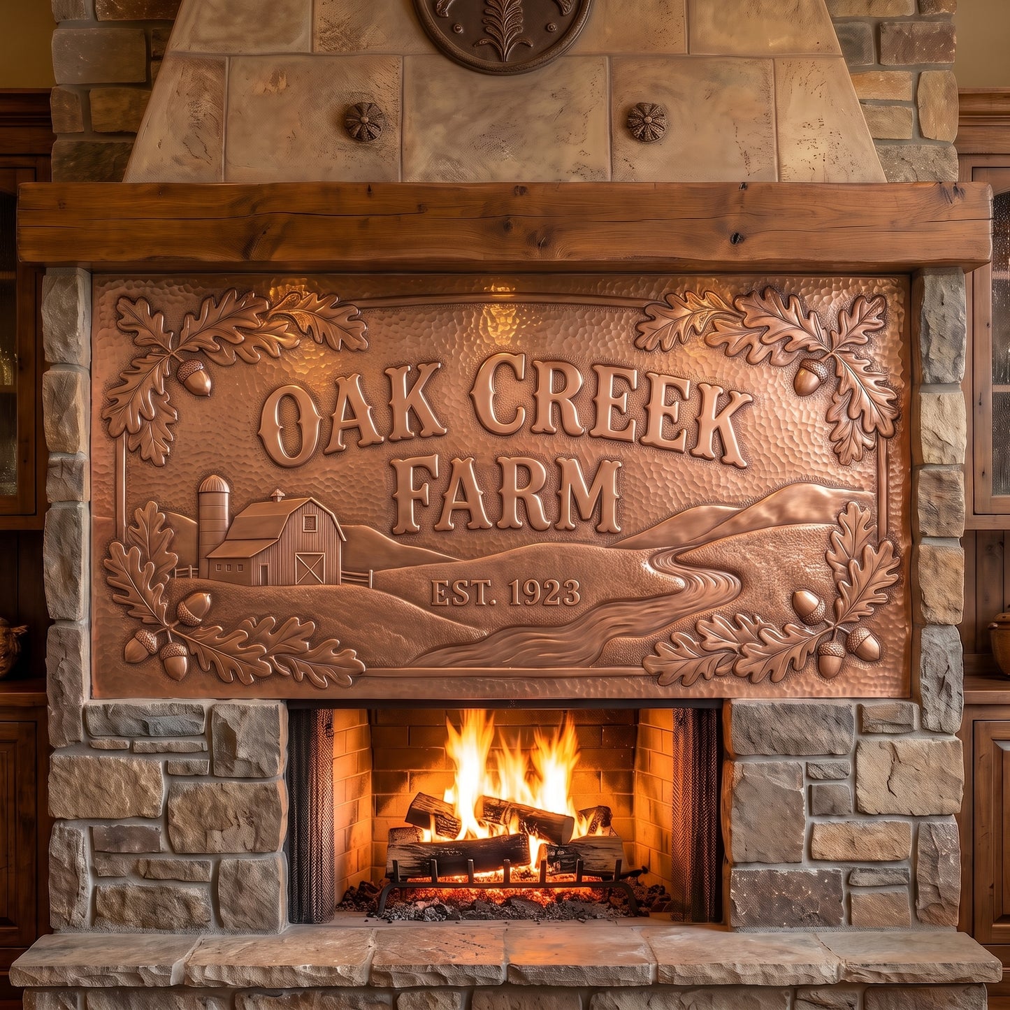 Personalized family farm sign hand-hammered from real copper, featuring Oak Creek Farm and Est. 1923 in raised lettering with a barn, winding creek, rolling farmland, oak leaves, and acorns in raised copper relief, displayed above a stone fireplace.