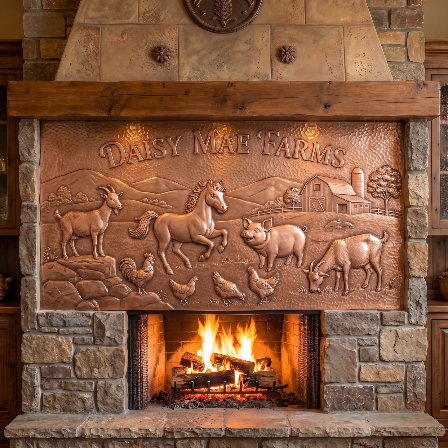 Hand-hammered personalized farm name sign made from real copper, displayed over a stone fireplace and featuring Daisy Mae Farms lettering above a raised relief farm scene with a horse, goats, pig, chickens, barn, silo, fences, rolling hills, and trees.