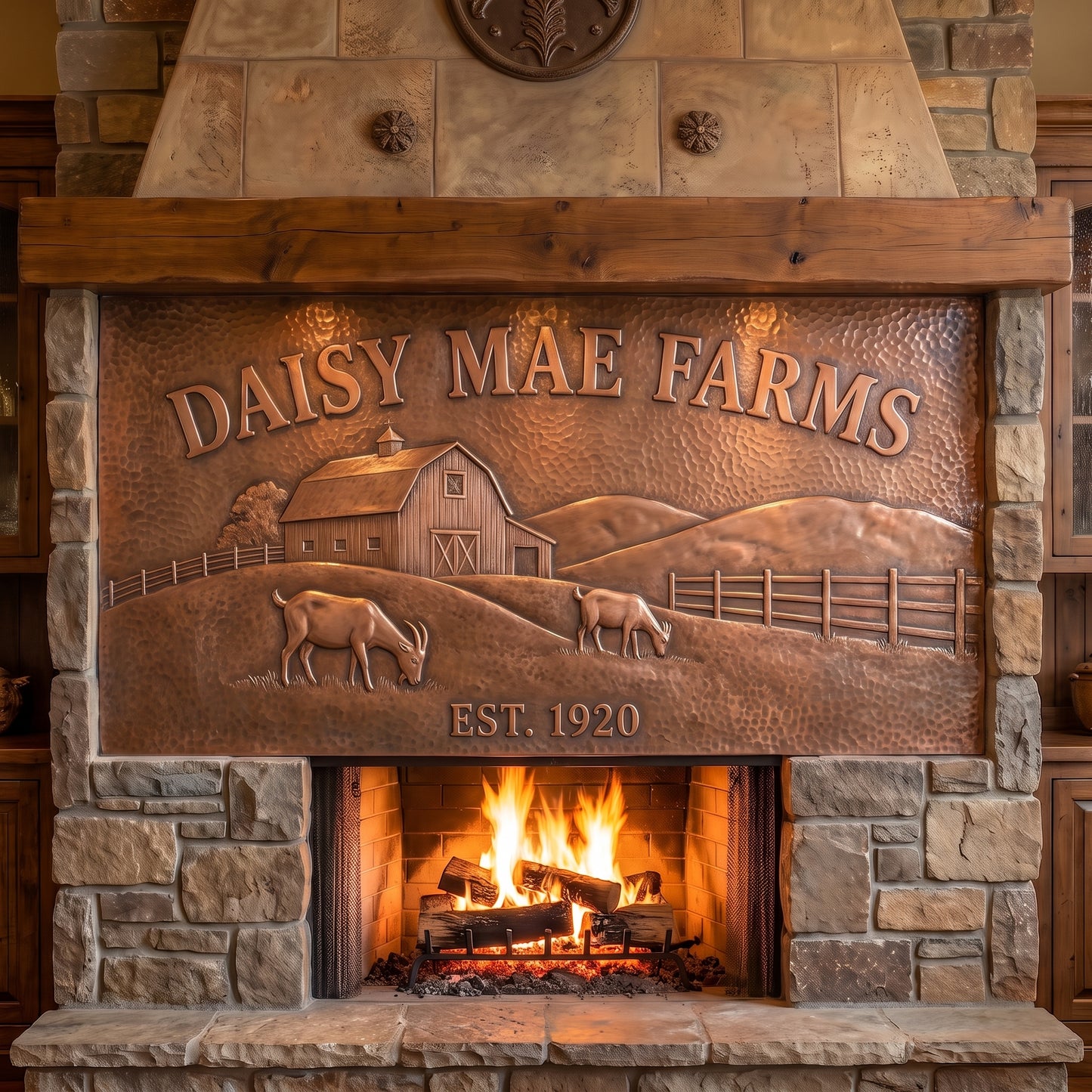 Hand-hammered personalized farm name sign made from real copper, displayed above a stone fireplace and featuring Daisy Mae Farms lettering, Est. 1920, two goats grazing in rolling pasture, a barn, farm fencing, hills, and trees in raised copper relief.