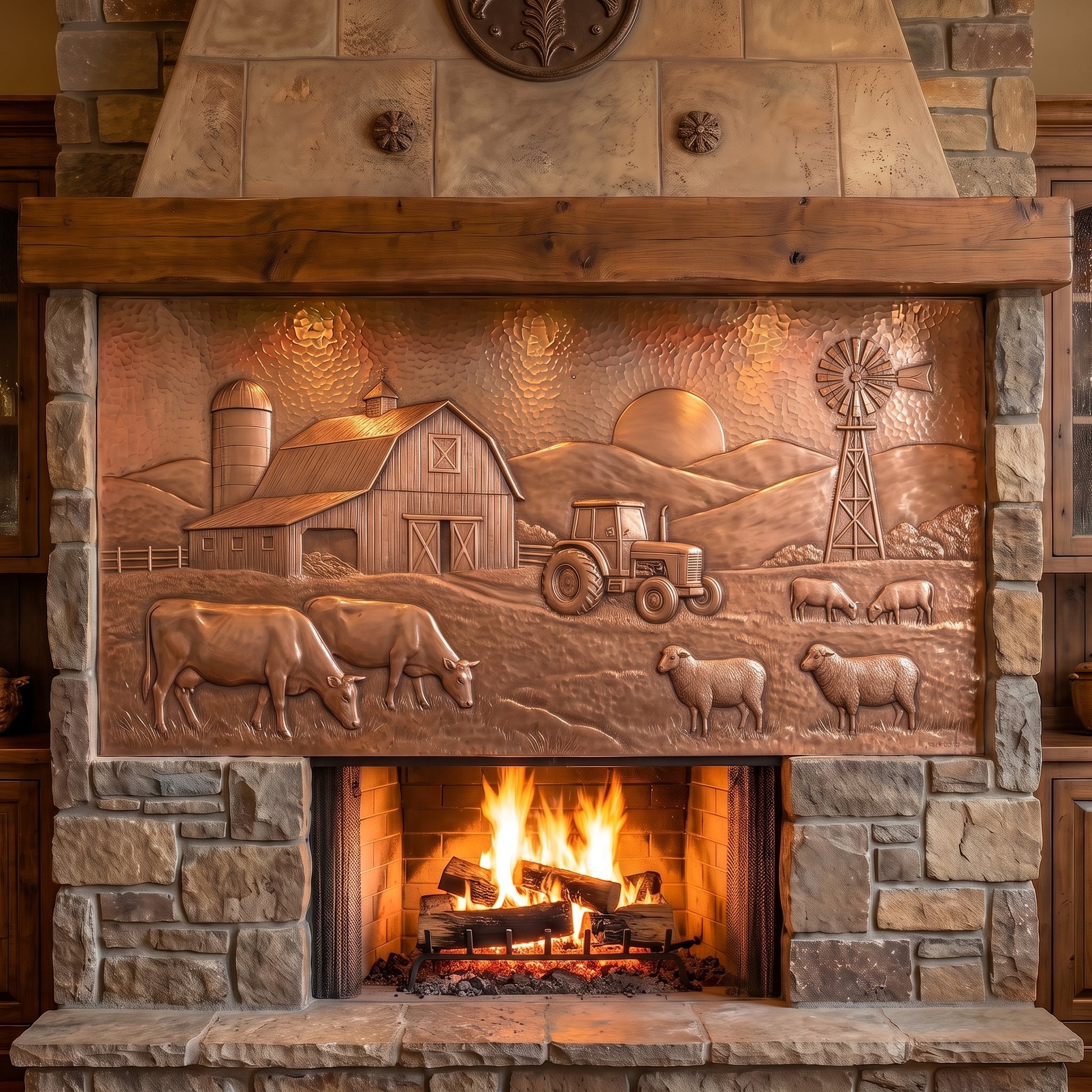 Hand-hammered farm portrait wall art made from real copper, featuring a barn, silo, tractor, windmill, grazing cattle and sheep, fields, rolling hills, and setting sun formed in raised copper relief and displayed above a stone fireplace.