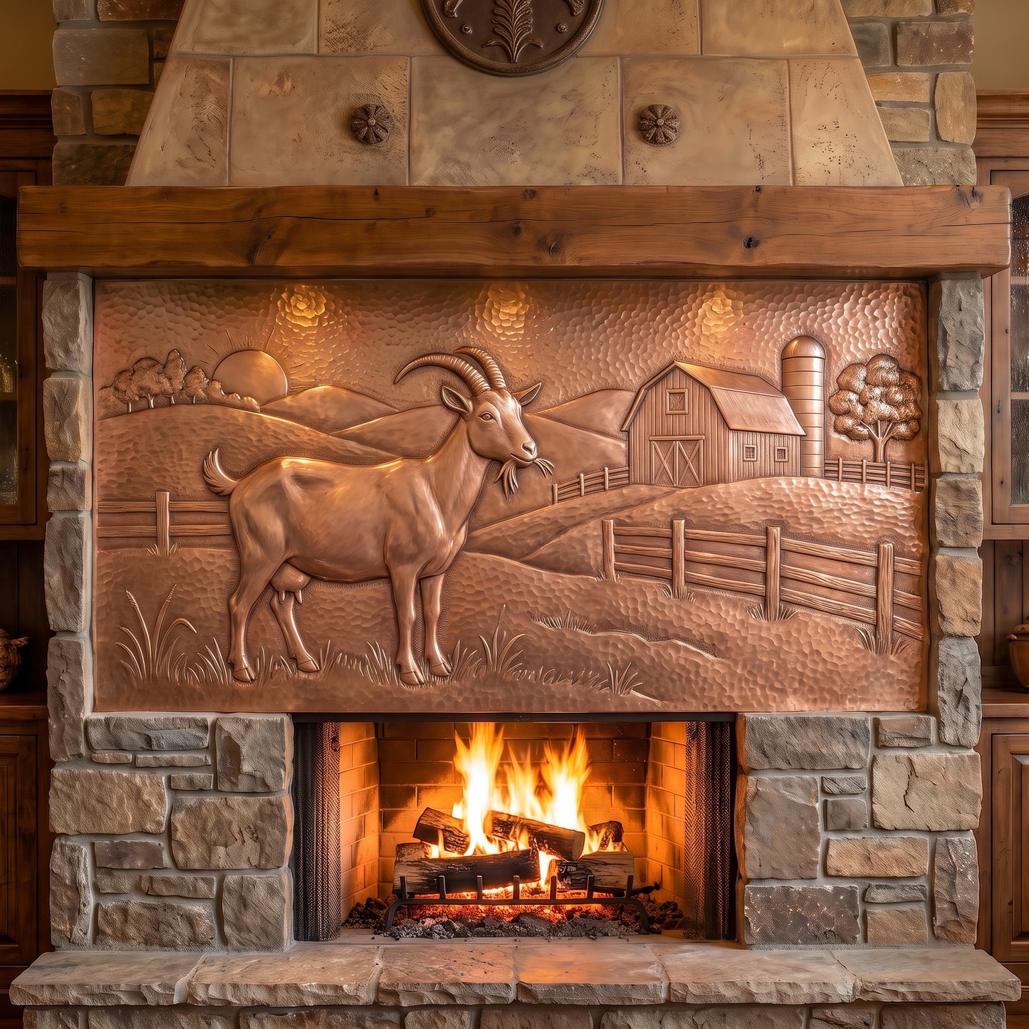 Hand-hammered copper farm scene displayed above a stone fireplace, featuring a goat in raised relief with a barn, silo, wooden fences, rolling hills, trees, grass, and setting sun on a textured copper background.