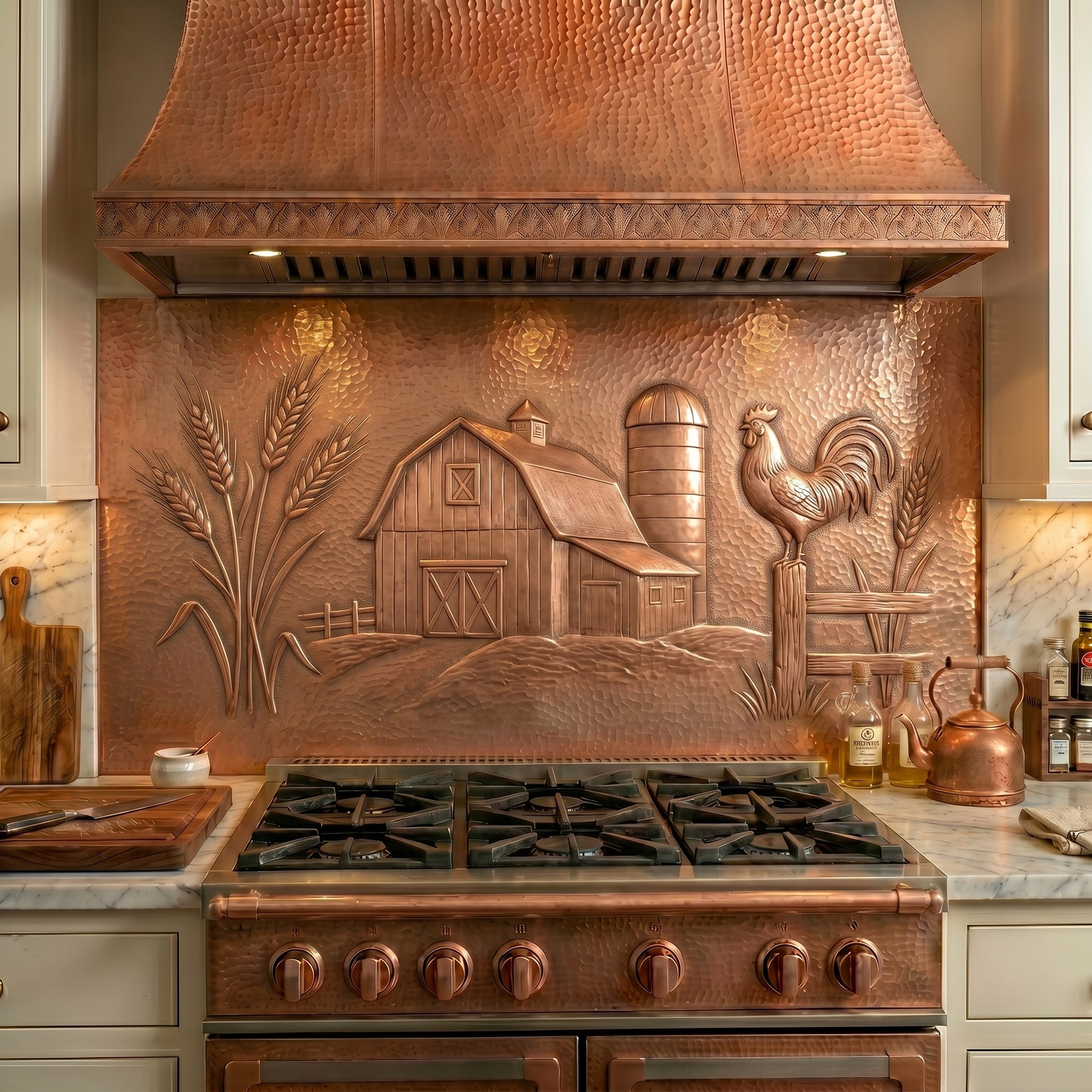 Handmade Farmhouse Style Copper Kitchen Backsplash crafted from real copper. Features a barn, silo, rooster, wheat stalks, rustic fencing, and countryside scenery. Custom sizes available for farmhouse kitchens, fireplaces, and feature walls.