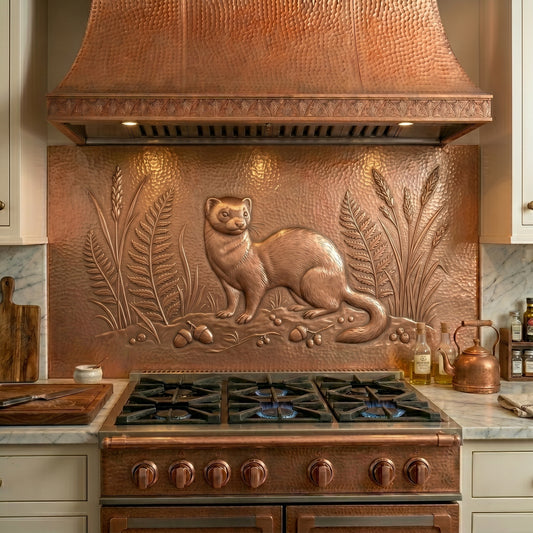 Handmade ferret copper kitchen backsplash behind the stove. Custom woodland wall decor for cottage homes, nature lovers, wildlife enthusiasts, and rustic kitchens.