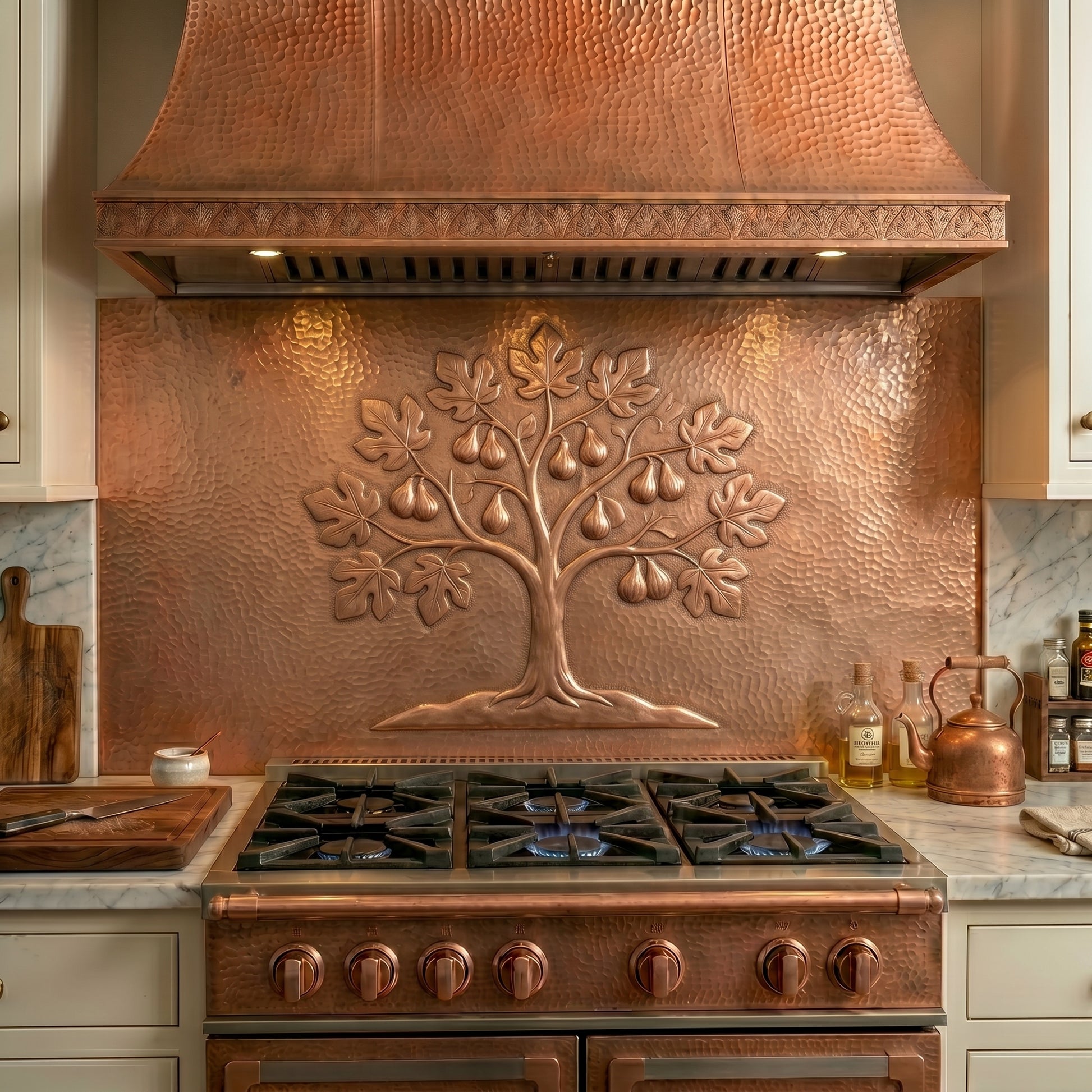 Handmade copper kitchen backsplash featuring a fig tree with ripe fruit. Real copper wall decor for kitchens, fireplaces, feature walls, dining rooms, outdoor kitchens, and custom full-wall backsplash designs.