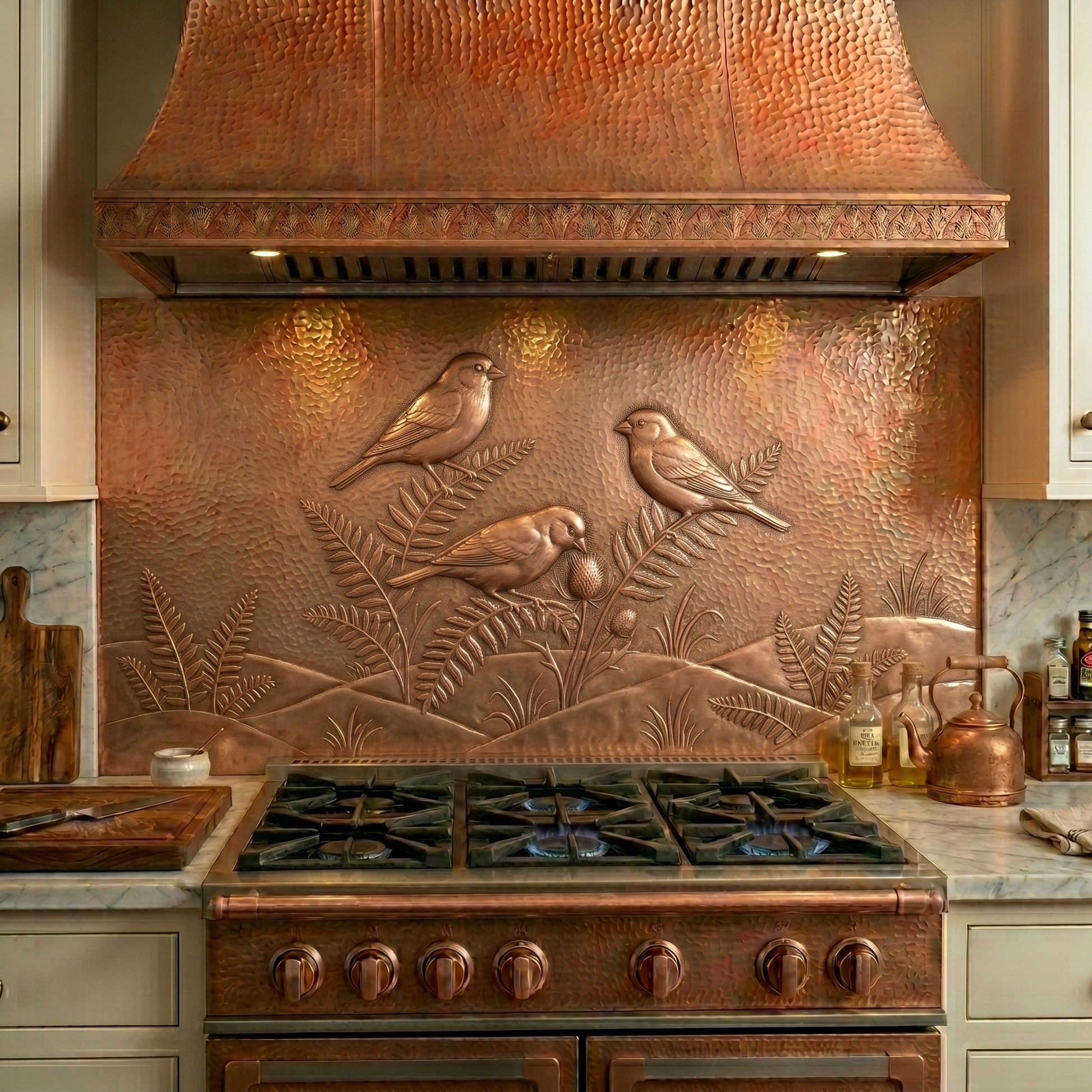 Handmade finch copper kitchen backsplash behind the stove. Custom bird wall decor for cottage homes, garden kitchens, nature lovers, and country-inspired interiors.