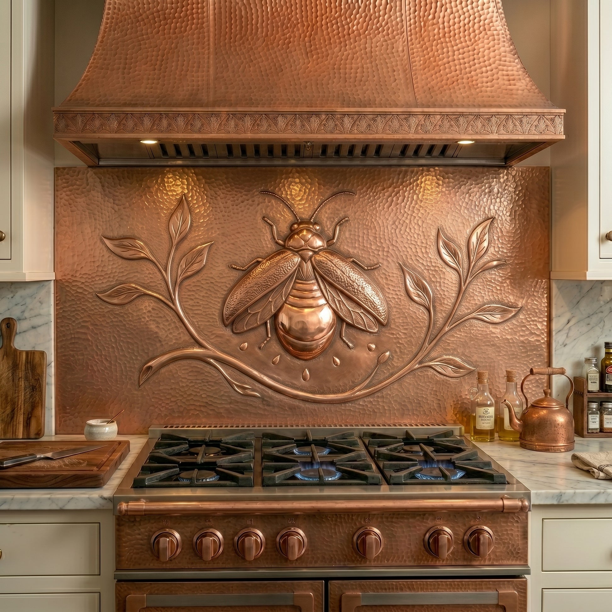 Handmade firefly copper kitchen backsplash behind the stove. Custom garden wall decor for cottage homes, farmhouse kitchens, nature lovers, and outdoor-inspired interiors.