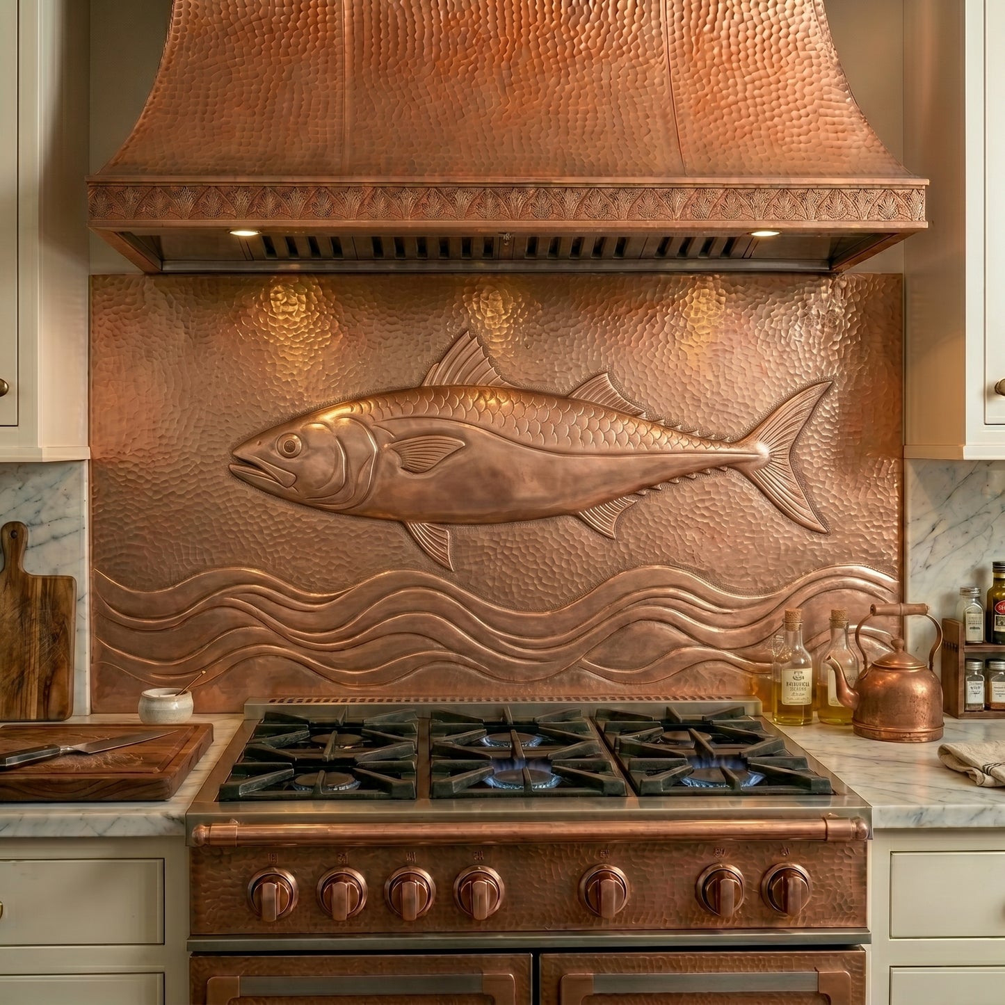 Handmade fish copper kitchen backsplash behind the stove. Custom fishing wall decor for lake homes, waterfront kitchens, anglers, and outdoor enthusiasts.