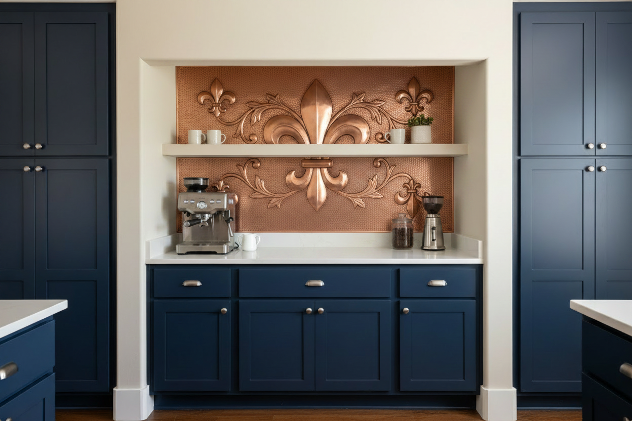 Handcrafted fleur-de-lis built-in copper kitchen backsplash featuring elegant European scrollwork and raised copper artwork. Custom made for coffee bars, beverage stations, kitchen niches, and built-in cabinetry.