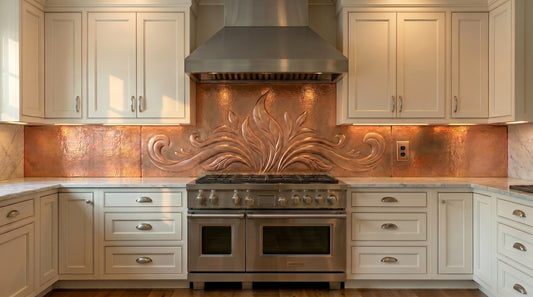 Floral Plume copper kitchen backsplash handmade from real copper with raised botanical scrollwork. Custom copper range backsplash available in your choice of size and finish.