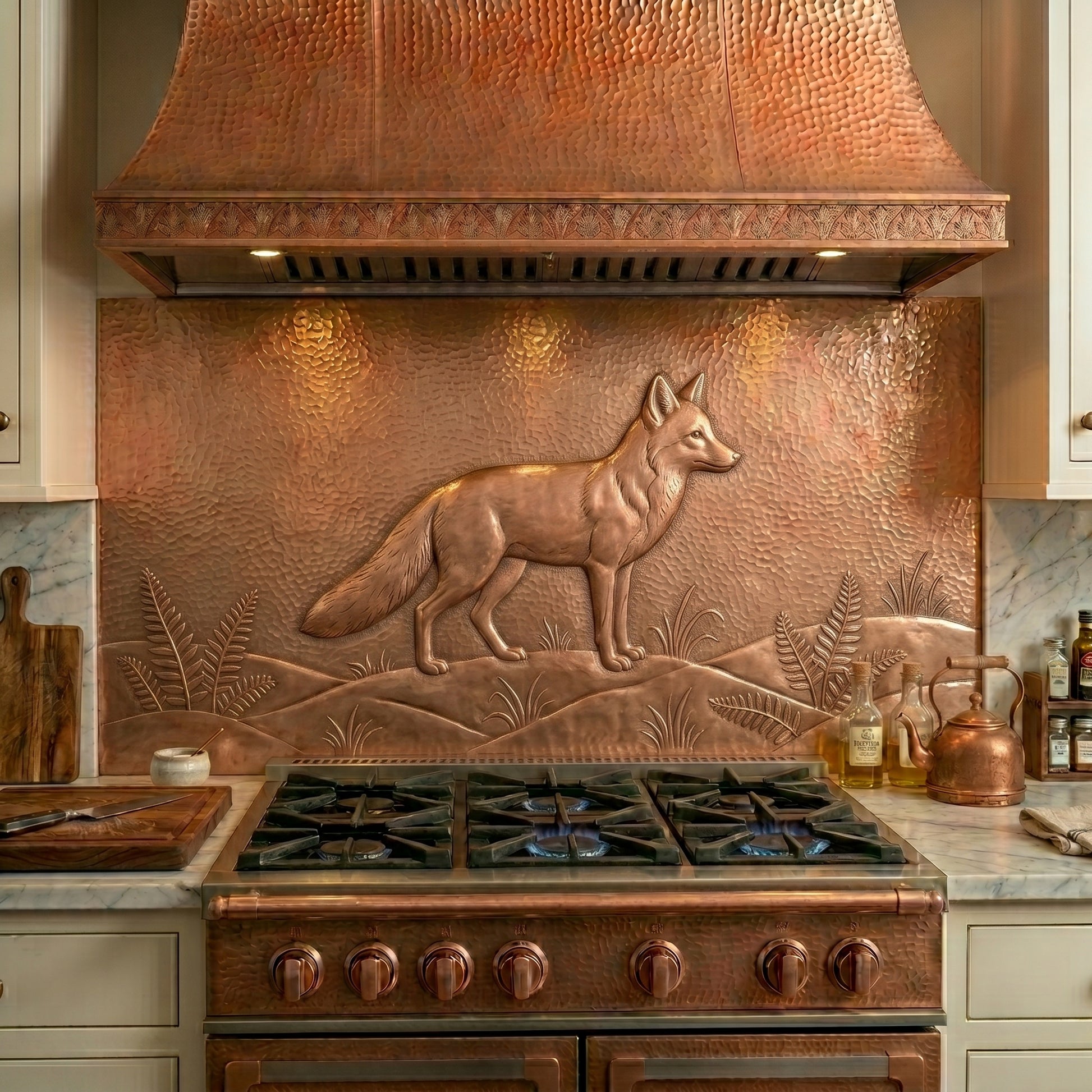 Handmade fox copper kitchen backsplash behind the stove. Custom wildlife wall decor for cottage homes, woodland retreats, nature lovers, and rustic kitchens.