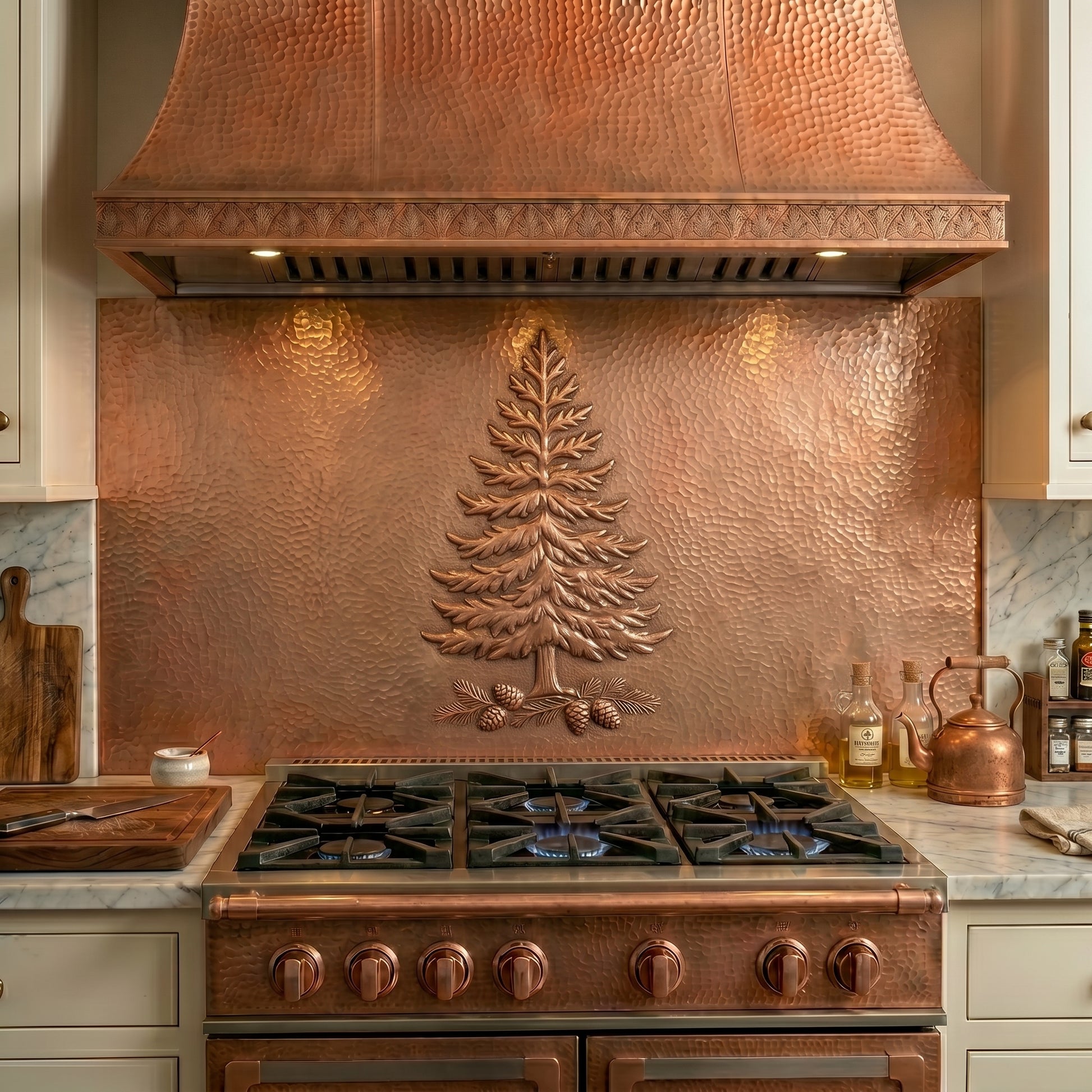 Handmade copper kitchen backsplash featuring a Fraser Fir Tree with detailed evergreen branches and pine cones. Rustic wall decor for kitchens, fireplaces, cabins, lodges, mountain homes, and nature-inspired spaces.