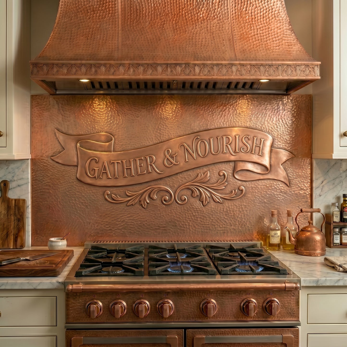 Handcrafted copper stove backsplash featuring the inspiring Gather & Nourish message on an elegant ribbon banner. Order a single backsplash panel behind the stove or a complete custom copper kitchen backsplash with matching side panels beneath surrounding cabinets. Available in custom sizes, finishes, and installation options.