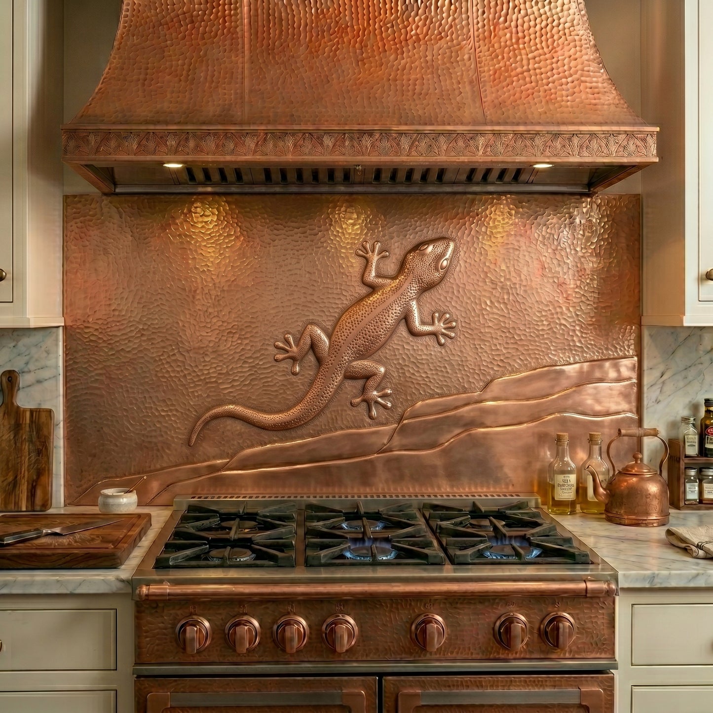 Handmade gecko copper kitchen backsplash behind the stove. Custom reptile wall decor for desert homes, tropical interiors, nature lovers, and unique kitchens.