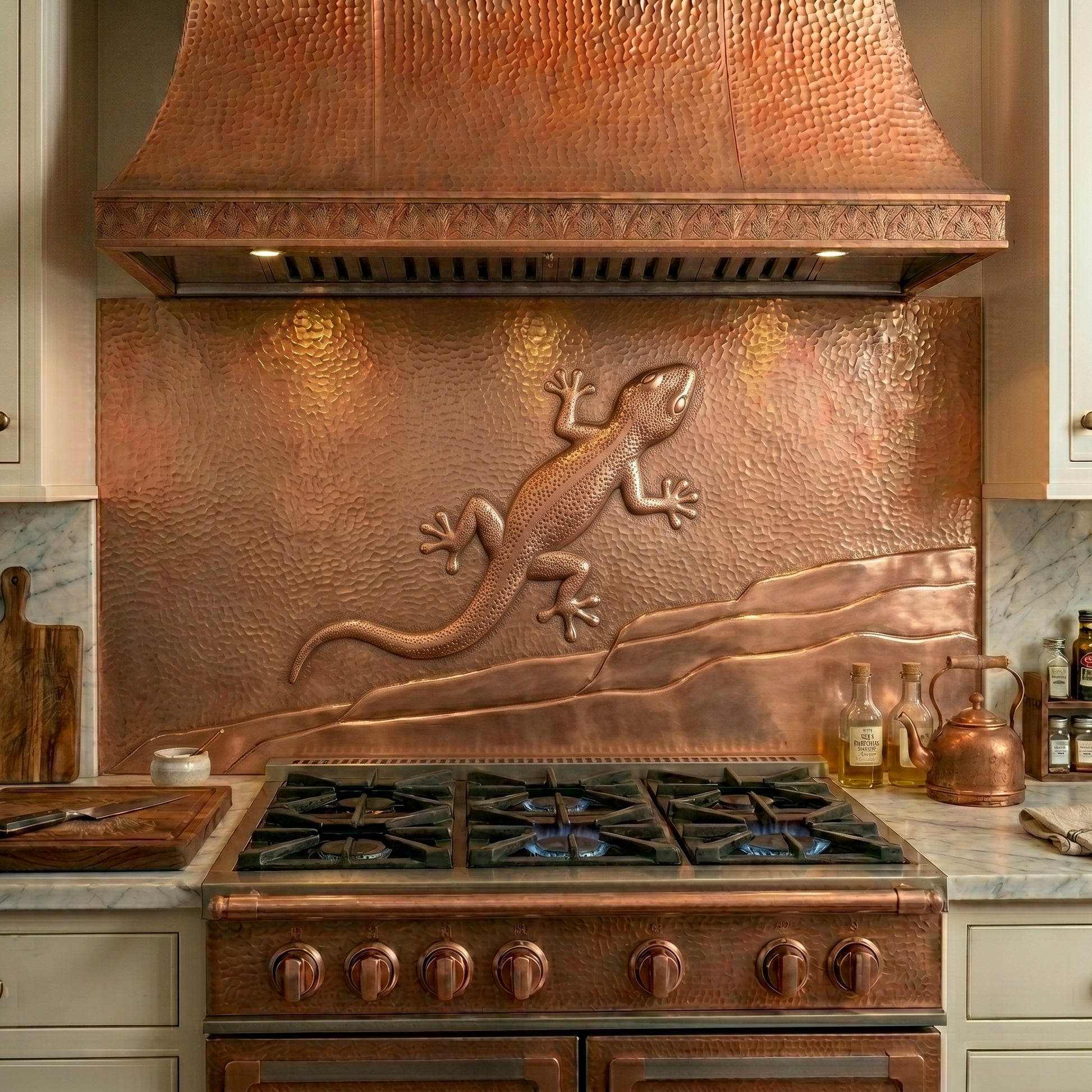 Handmade gecko copper kitchen backsplash behind the stove. Custom reptile wall decor for desert homes, tropical interiors, nature lovers, and unique kitchens.