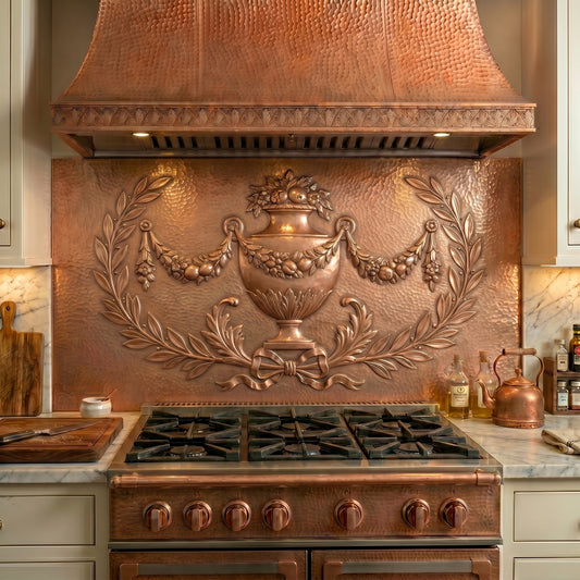 Handmade Georgian Style Copper Kitchen Backsplash crafted from real copper. Features a classical urn, laurel wreaths, fruit garlands, and elegant Georgian Revival ornamentation. Custom sizes available for traditional kitchens, manor homes, fireplaces, and feature walls.