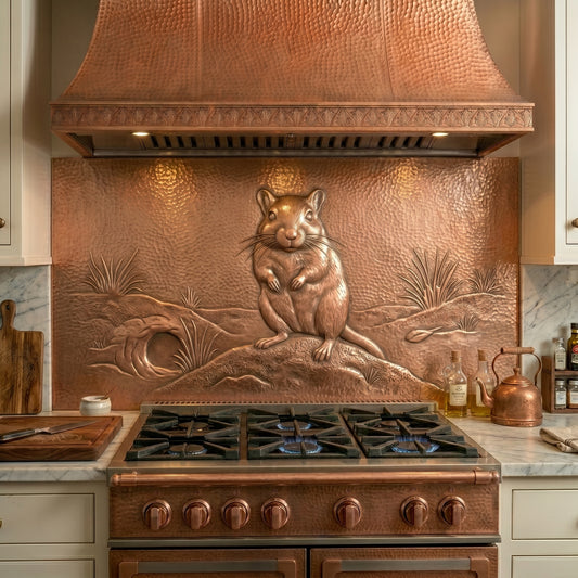 Handmade gerbil copper kitchen backsplash behind the stove. Custom small animal wall decor for cottage kitchens, farmhouse homes, nature lovers, and whimsical interiors.