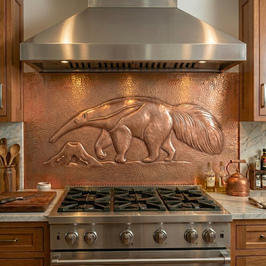 Handmade copper backsplash featuring a giant anteater beside an anthill. Unique wildlife kitchen art inspired by South American nature and craftsmanship.
