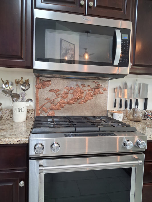 Ginkgo Leaves Copper Backsplash — Silver–Copper