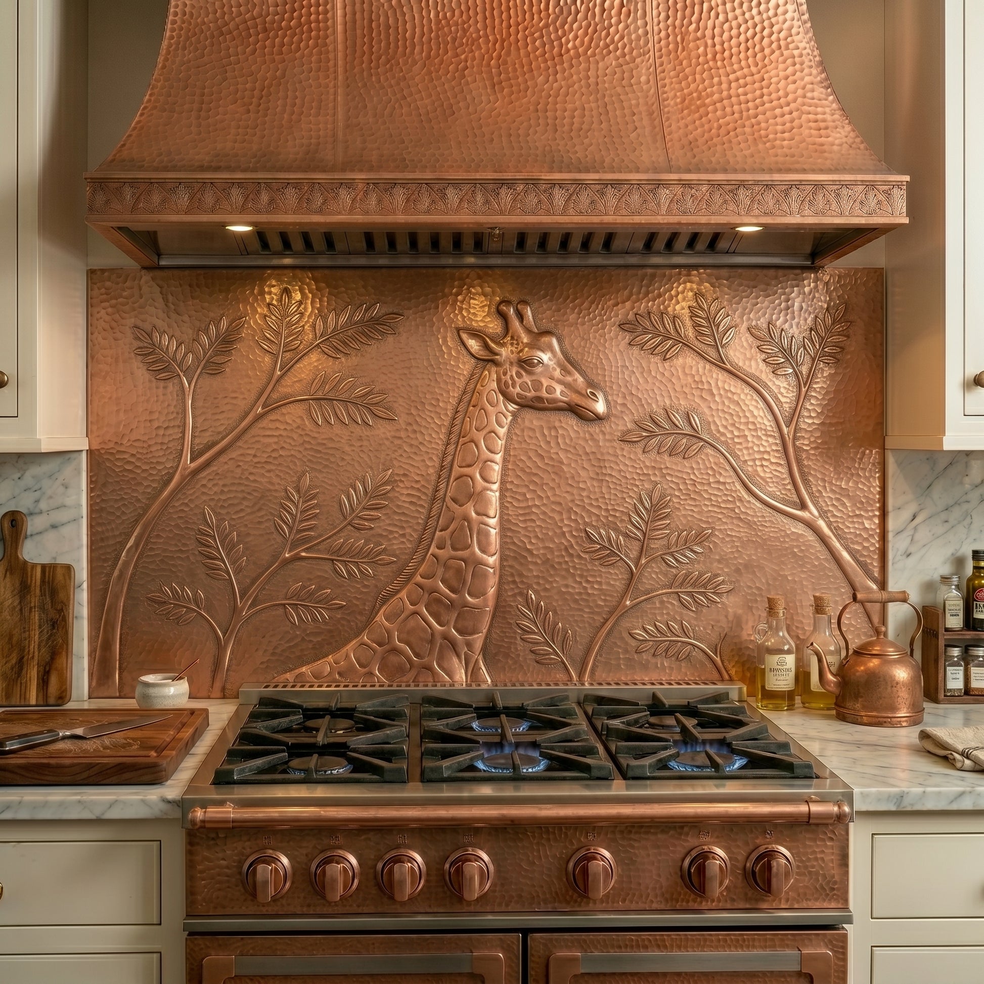 Handmade giraffe copper kitchen backsplash behind the stove. Custom wildlife wall decor for safari-inspired homes, animal lovers, luxury kitchens, and African-themed interiors.