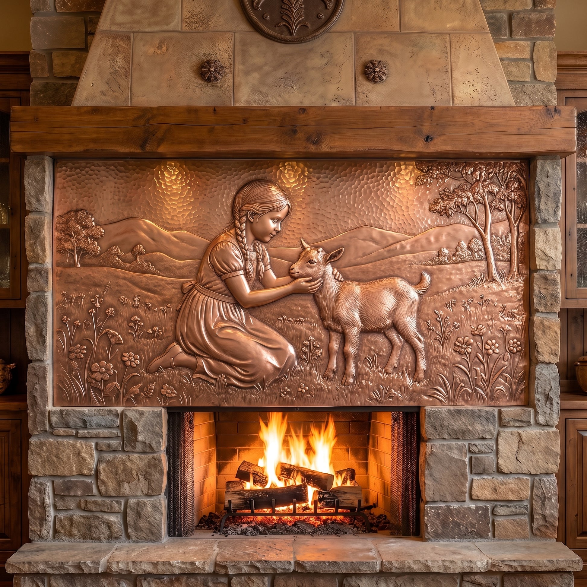 Hand-hammered copper farm wall art displayed above a stone fireplace, featuring a young girl kneeling beside and gently holding a baby goat in a wildflower meadow with rolling hills, trees, and countryside in detailed raised copper relief.