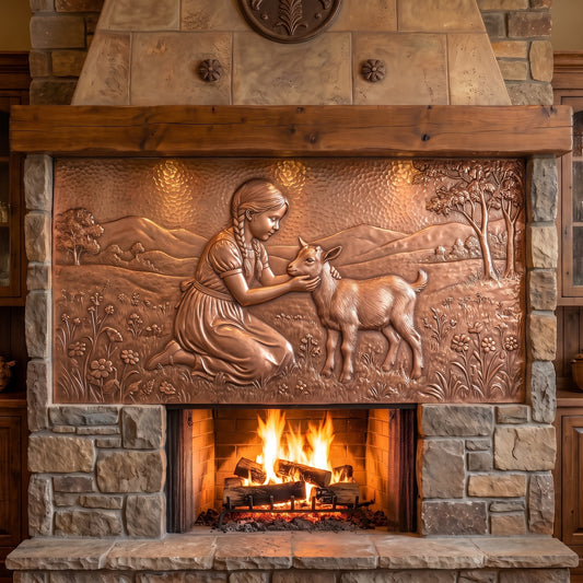 Hand-hammered copper farm wall art displayed above a stone fireplace, featuring a young girl kneeling beside and gently holding a baby goat in a wildflower meadow with rolling hills, trees, and countryside in detailed raised copper relief.