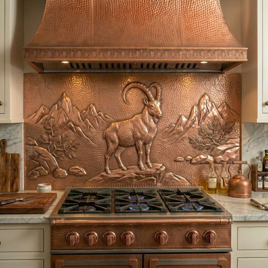 Handmade ibex copper kitchen backsplash for behind the stove. Custom wildlife wall decor for mountain homes, lodge kitchens, alpine retreats, and nature enthusiasts.