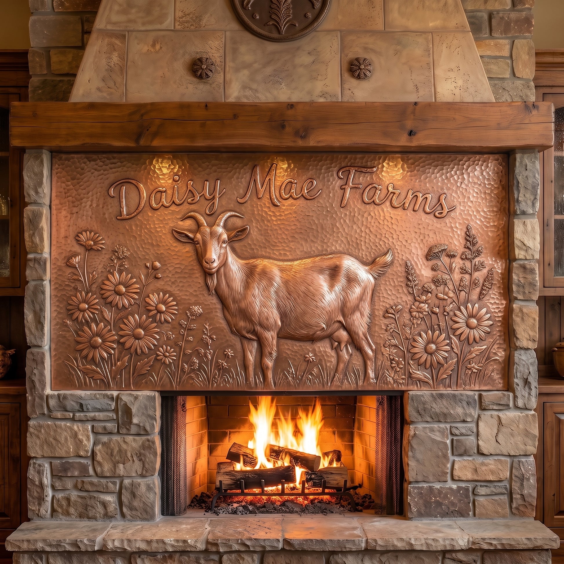 Hand-hammered custom goat farm sign made from real copper, displayed above a stone fireplace and featuring a goat in raised copper relief surrounded by wildflowers with personalized Daisy Mae Farms lettering on a textured copper background.