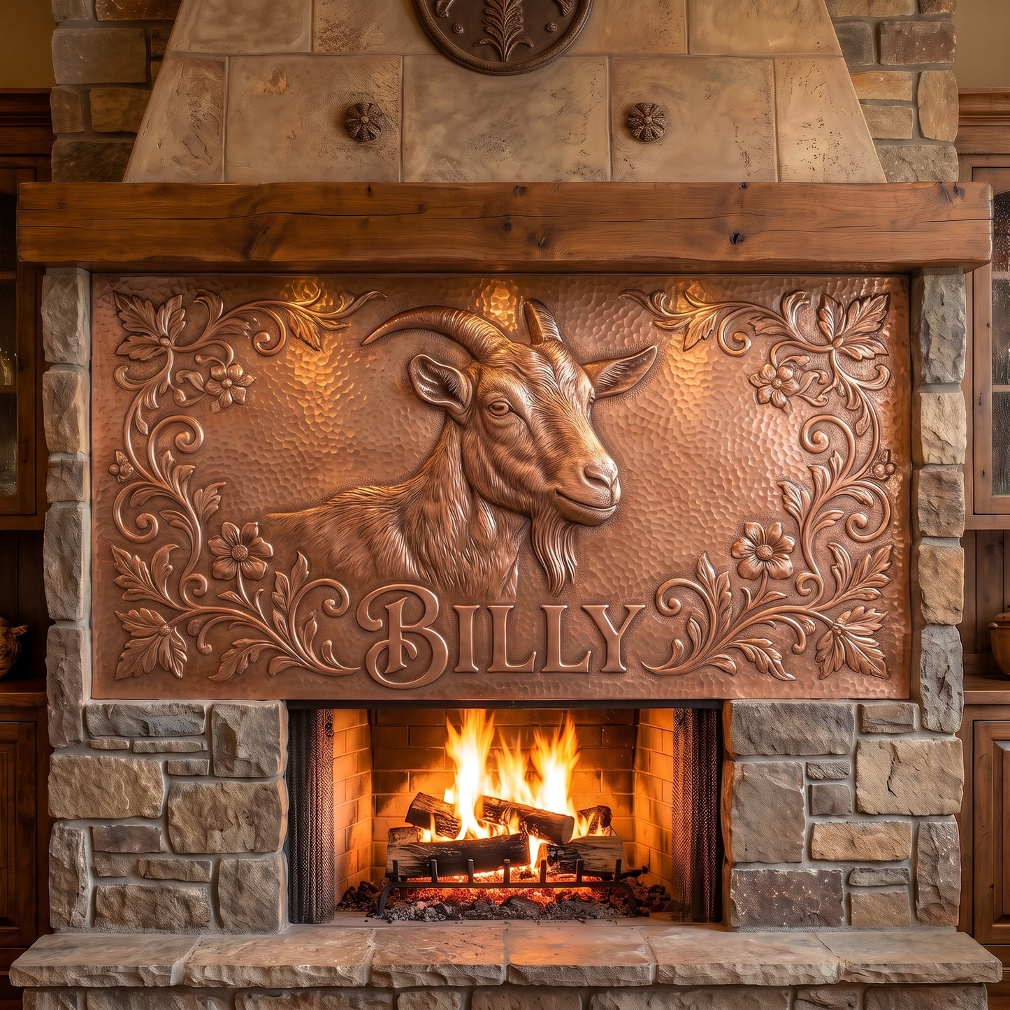 Hand-hammered custom goat portrait made from real copper, displayed above a stone fireplace and featuring a detailed goat with the personalized name Billy, surrounded by flowers and ornamental botanical scrollwork in raised copper relief.